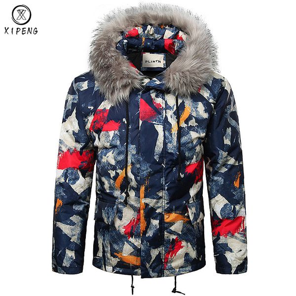 

2018 new winter jacket men camouflage casual thick warm parka male fur hooded street style fashion camo loose mens overcoat, Black
