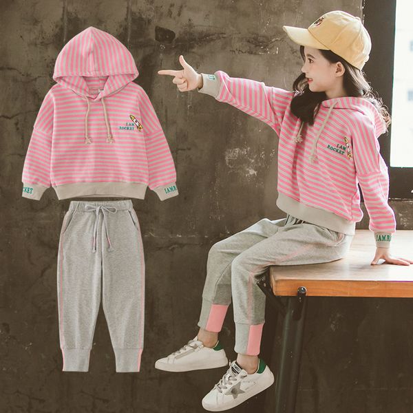 

girl sports outfits spring autumn new hooded sweater pullover trousers costume children teens pants 2pcs cotton clothes sets, White