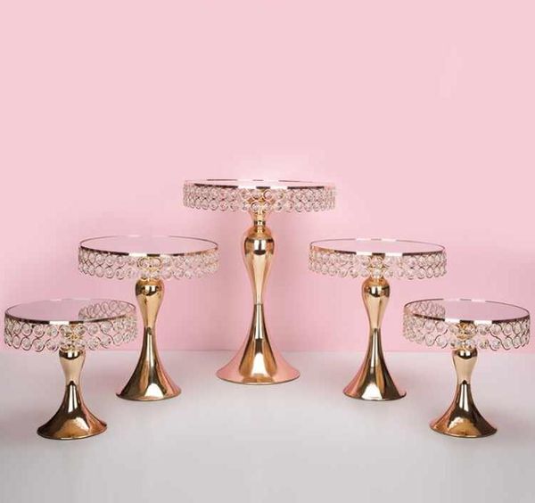 5 pçs / set Luxo Ouro suporte De Bolo de cristal suporte de bolo de casamento pan doce cupcake mesa de mesa de mesa central de decoração SN2591