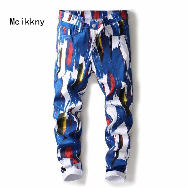 

mcikkny fashion men's hip hop jeans pants stretch 3d printed denim trousers streetwear jeans joggers size 29-38, Blue