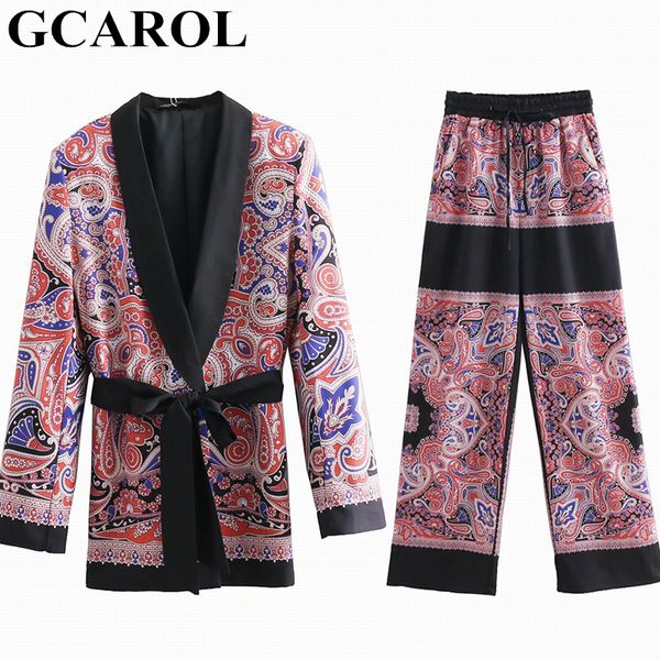 

gcarol 2019 totem floral 2 pieces sets women'sets pajama notched blazer with sashes wide leg pants retro spring summer outfits, White