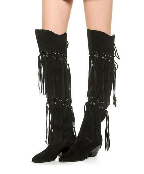 

2017 autumn winter motorcycle fringe boots leather gladiator women boots thick heel thigh high tassel over the knee, Black