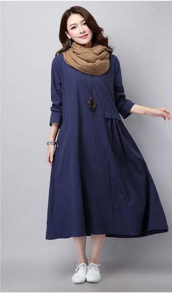 

linen dress literary solid color pleated fashion long sleeved loose large size casual women's new spring and autumn, White;black