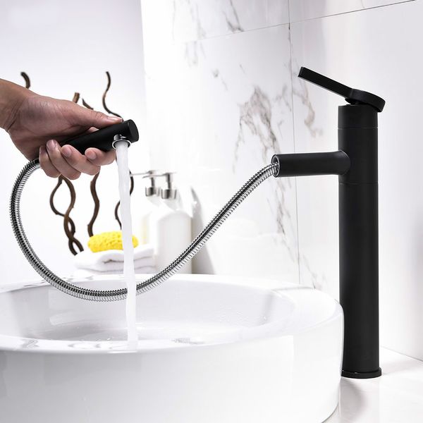 

Pull Out And Rotatable Style Single Handle Basin Faucet Matte Black & Chrome & White Bathroom Water Mixer