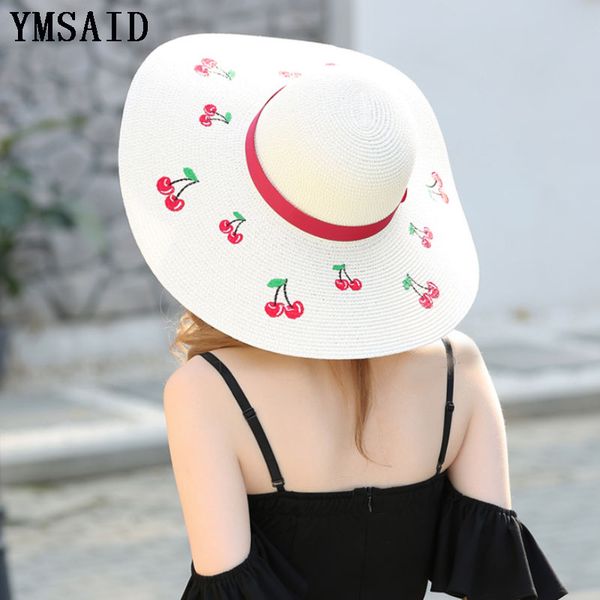

ymsaid 2018 outdoor cherry embroidery big brim sun hats straw hats for women summer panama ladies beach chapeu feminino, Blue;gray