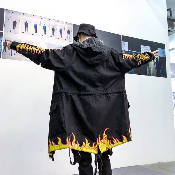 

men punk printing fire trench hop long  flash streetwear jacket overcoat flame harujuku windbreaker hip male coat hood rave huilw, Black