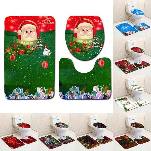 

washable non-slip xmas polyester fiber decoration bathroom christmas bath mat 3d printed 3pcs toilet seat cover rug