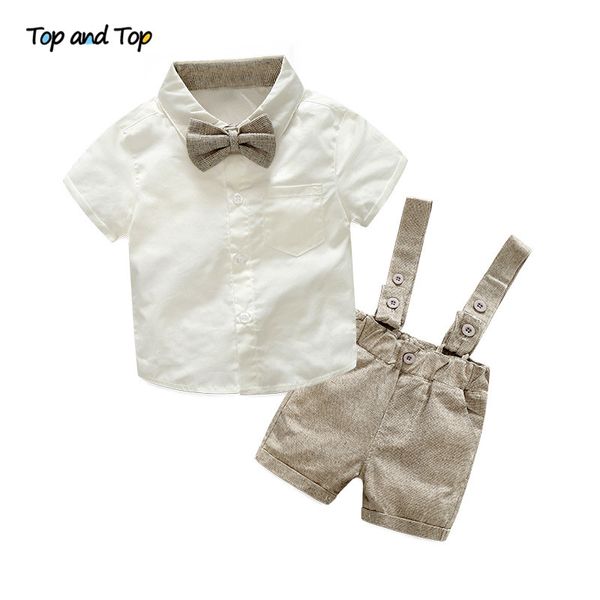 

and fashion baby boys gentleman clothing sets short sleeve shirt with bow tie +suspenders shorts formal boys outfits, White