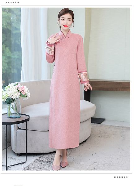 

new high fashion handmade double-sided cashmere woolen cheongsam chinese classic women's qipao elegant long sleeve novelty long dress, Black;gray