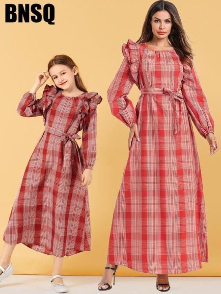 

мусульманин плед maxi платье девушка абай оборки хиджаб дети wear семья matching костюмы кимоно длинных одеяния ид рамадан исламской, Red