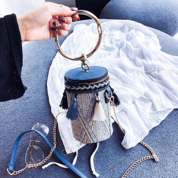 

chic chain wild straw bucket bag retro weave shoulder messenger handbags for women fashion barrel round ring handbag bolso mujer