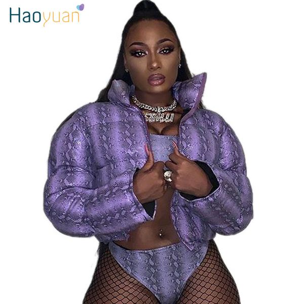 

haoyuan snake print winter jacket women festival warm parka down bubble coat warm thick parka outerwear crop puffer jacket, Black