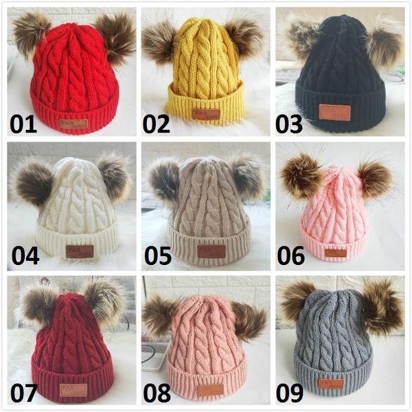 Cappelli di lana lavorati a maglia per bambini Pelliccia sintetica con pon pon Cappellini all'uncinetto Inverno Caldo neonato Bambini Ragazzi Ragazze Berretto Accessori per capelli 9 colori dhl