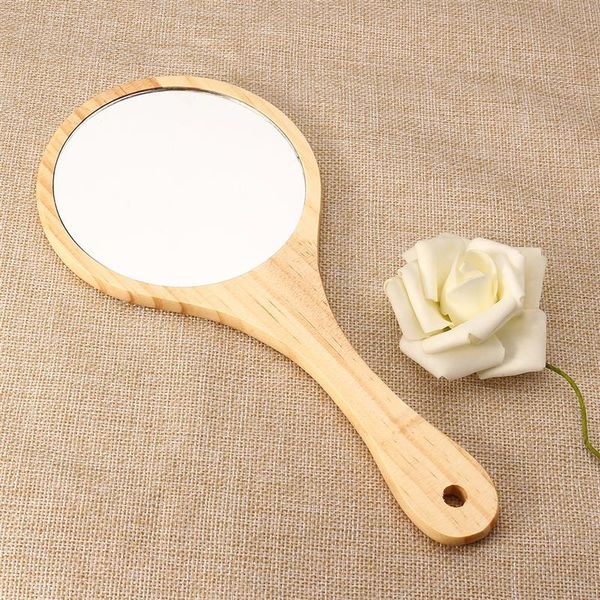 New Natural Wood Mirror Wooden Hand Vintage Portable Compact Makeup Vanity Held With Handle For Women Travel Mirrors Bathrooms
