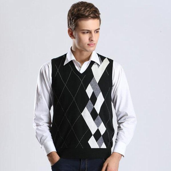 

designer sweater pullover knit vest for men sleeveless wool stylish fashion casual v neck basic black grey checkered 2018 0825, Black;white