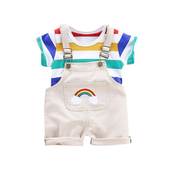 

2020 baby summer clothing boys girls short sleeve stripe print blouse t-shirt+suspender pants children newborn outfits sets, White