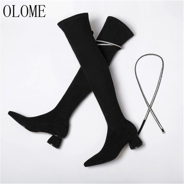 

olome new fashion black women over the knee boots pointed toe slip on thick mid heel women winter boots shoes woman