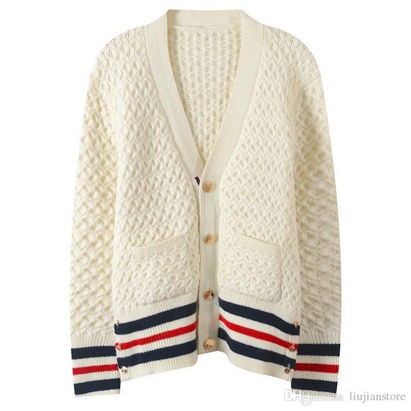 

женская дизайнер v шеи свитер способ щитовой кардиган с однобортной женскими повседневной полосатой одеждой, White;black