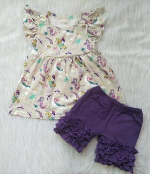 

маленькие дети девочки летний набор высокого качества бутик mermaid ткань костюм cute флаттер short top с фиолетовый цвет обледенение шорты, White