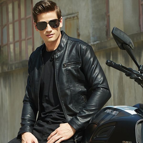 

men leather jas brand slender stand biker motorbike jas men men's overwear pu leather men's clothing, Black