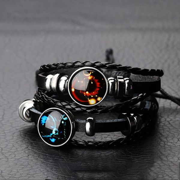 

12 constellation zodiac sign leather bracelet personality retro starry sky bracelet woven braided punk men bracelet, Golden;silver