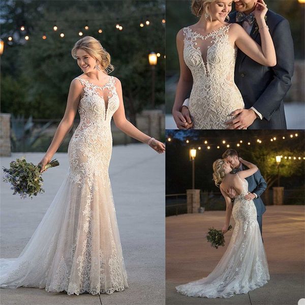 2020 Vendita calda Abiti da sposa a sirena Gioiello senza maniche Abito da sposa Appliqued in pizzo Backless Sweep Train Custom Made Robes De Mari￩e