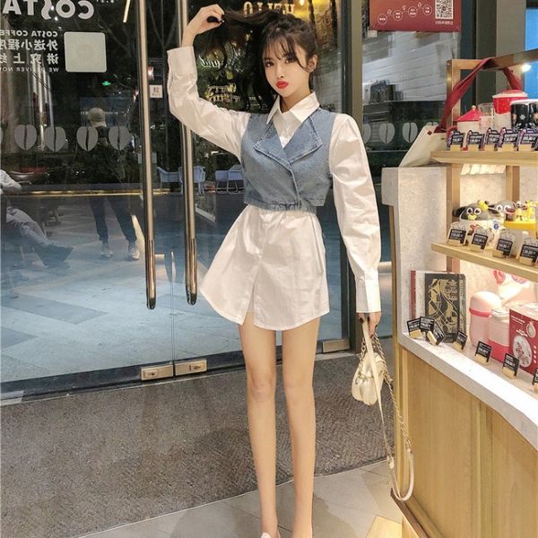 

2020 autumn new temperament korean style denim casual vest shirt dress professional two-piece suit skirt womens clothing, White;black