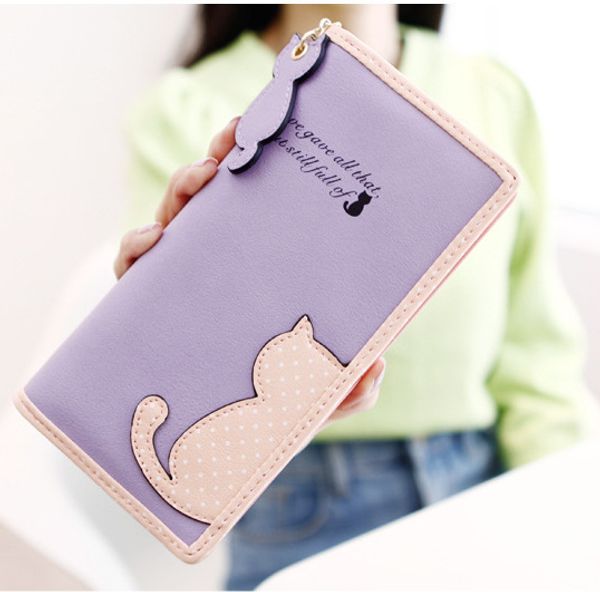 

korean ladies wallet long cute bump color cat wave student zipper wallet, Red;black