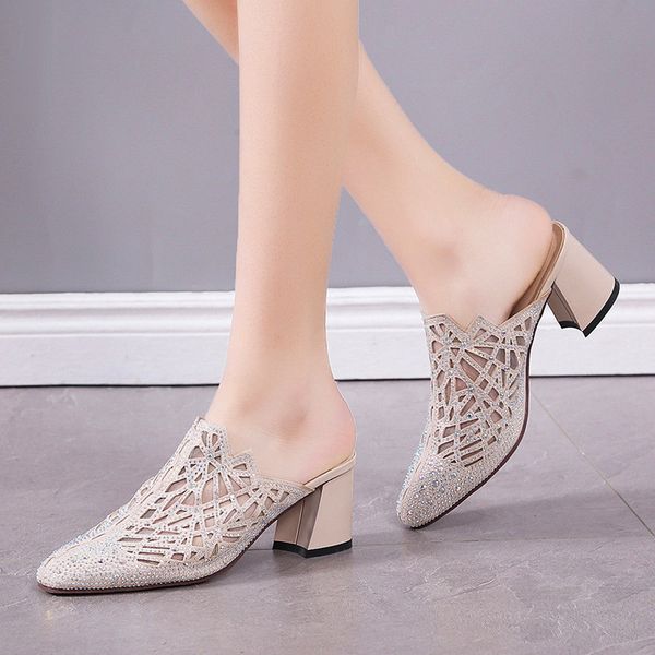 

women's summer point toe sandals ladies mesh crystal square heels shoes woman fashion comfortable casual sandals female 2020 new, Black