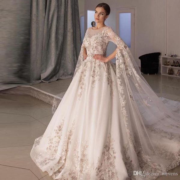 

dubai arabic a-line wedding dresses lace appliques long sleeves beaded sheer neck wedding dress bridal gowns court train robe de mairee, White