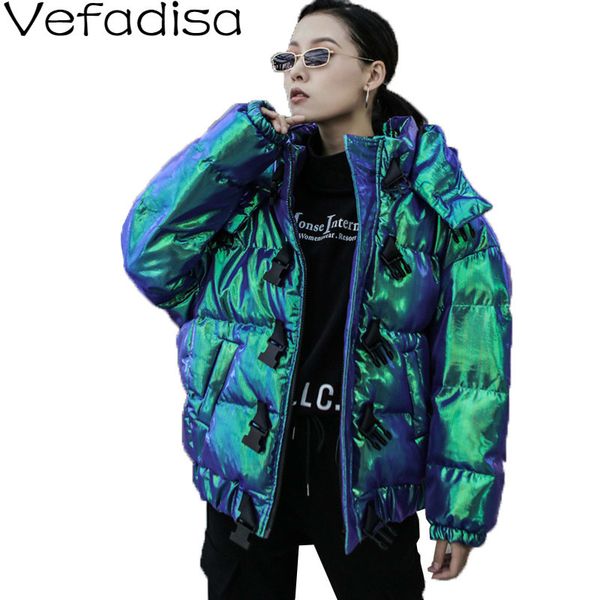 

vefadisa laser green hooded parka woman 2019 winter thick warm parka pocket buckle zippers loose female hip hop qyf1399, Black