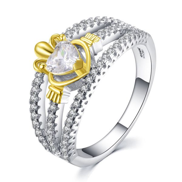

princess crown style heart zircon rings for women hollow out white gold color fashion jewelry gift for girls, Slivery;golden