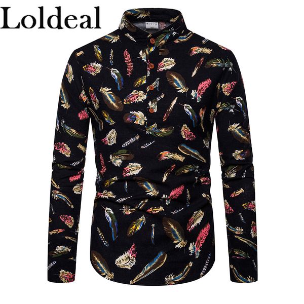 

loldeal casual shirt printed ethnic style stand collar streetwear long sleeve blouse chic hawaiian shirts camisa men, White;black