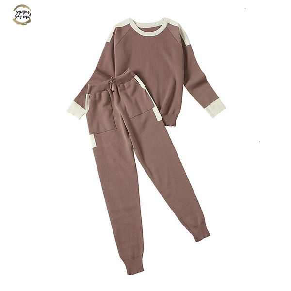 

aautumn winter women knit pants and sweater 2pcs clothes sets round neck pullovers color knit pocket pants sets, White