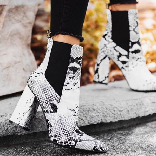 

2019 fall winter new women snake print chunky high heels ankle boots luxury designer western cowboy boots plus size party shoes, Black