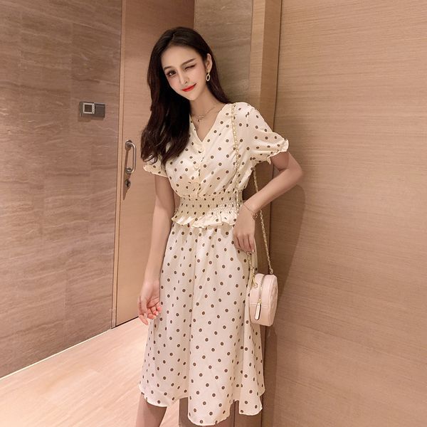 

женская одежда наборы 2020 лето корейский женский горошек талия v-образным вырезом топ + юбка из двух частей набор, White