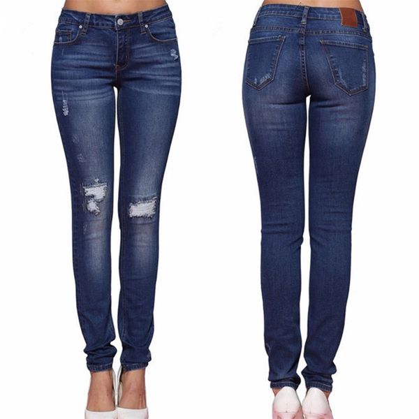 

women's new hole jeans feet pants denim trousers women, Blue