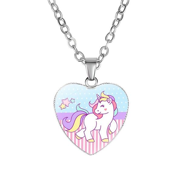 

New cartoon Cute Magic unicorn necklaces For Kid Boy Girl animal Glass Heart shape pendant chains children Fashion Jewelry Gift