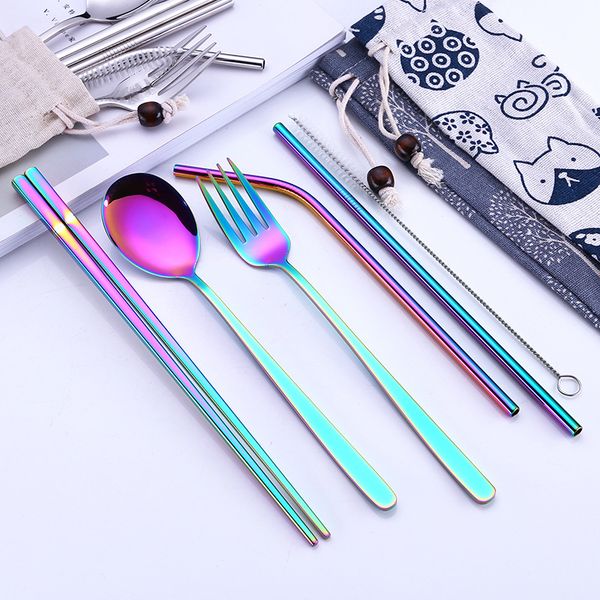 

stainless steel creative titanium-plated environment-friendly portable tableware 304 stainless steel spoon chopsticks set suctio