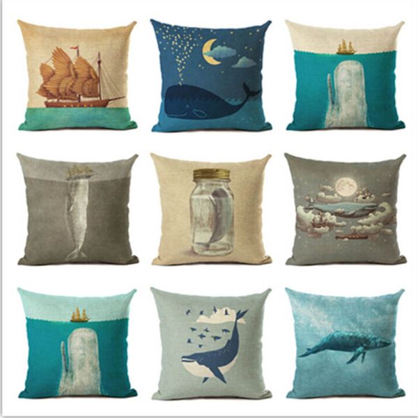 

fashion nordic style marine biology pillow cover sea whale home pillow case linen cotton home decorative pillows covers