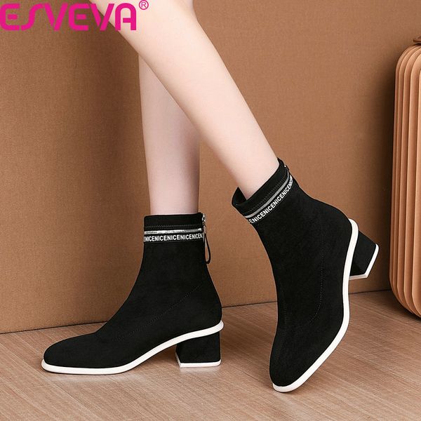 

esveva 2020 retro square toe square high heel all match ankle boots autumn winter flock zipper fashion women shoes size 34-41, Black
