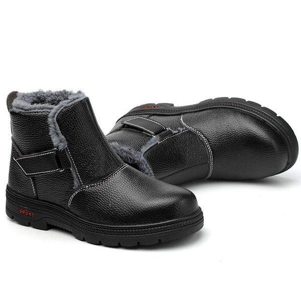 

plus size men casual steel toe caps work safety warm fur shoes cotton sneaker anti-pierce winter snow security ankle boots male, Black