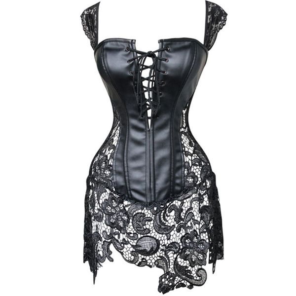 

Corset Sexy Lace Overbust Bustier Women Black Corsets Push Up Gothic Faux Leather Corselet Erotic Lingerie Plus Size, Red;black