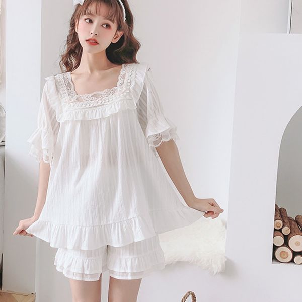 

tender cotton short sleeve pajamas set shorts full nightwear square neck pijamas women summer 2pcs sleepwear lace home clothes, Black;red