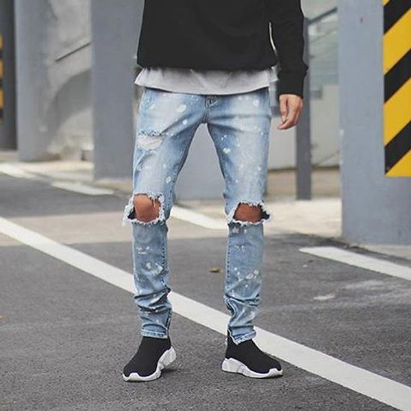 

new fashion mens distressed jeans denim wash blue splashed destroyed ripped jeans hiphop streetwear outfits