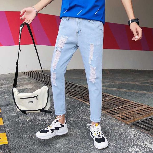 

summer nine-minute jeans men's korean version of loose ins hole pants trend personality beggars pants nine-minute thin, Blue