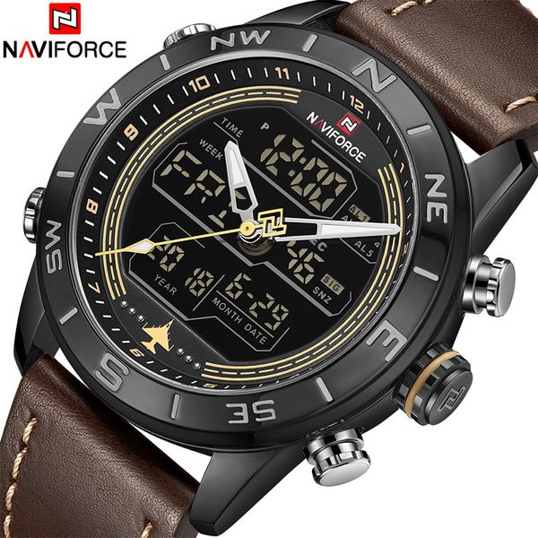 2018 new men watches naviforce luxury brand men's fashion sport watch male leather quartz analog led clock relogio masculio ly191213, Slivery;brown