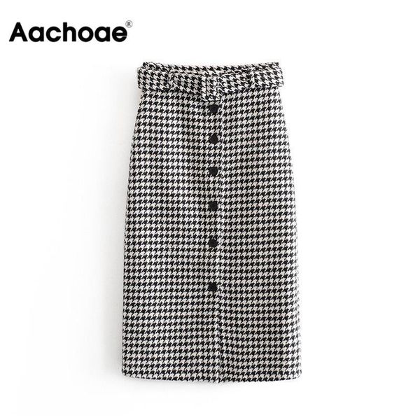 

aachoae women skirts vintage elegant tweed houndstooth midi skirt with belt fashion office ladies chic plaid split skirt, Black