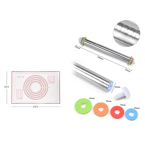 

17inch stainless steel adjustable rolling pin with dough mat dough roller with 4 removable adjustable thickness rings