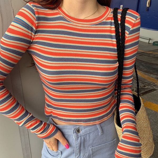 

autumn casual rainbow striped sweater women long sleeve o-neck fashion silm cute female sweater sweet knitted korean pullovers, White;black